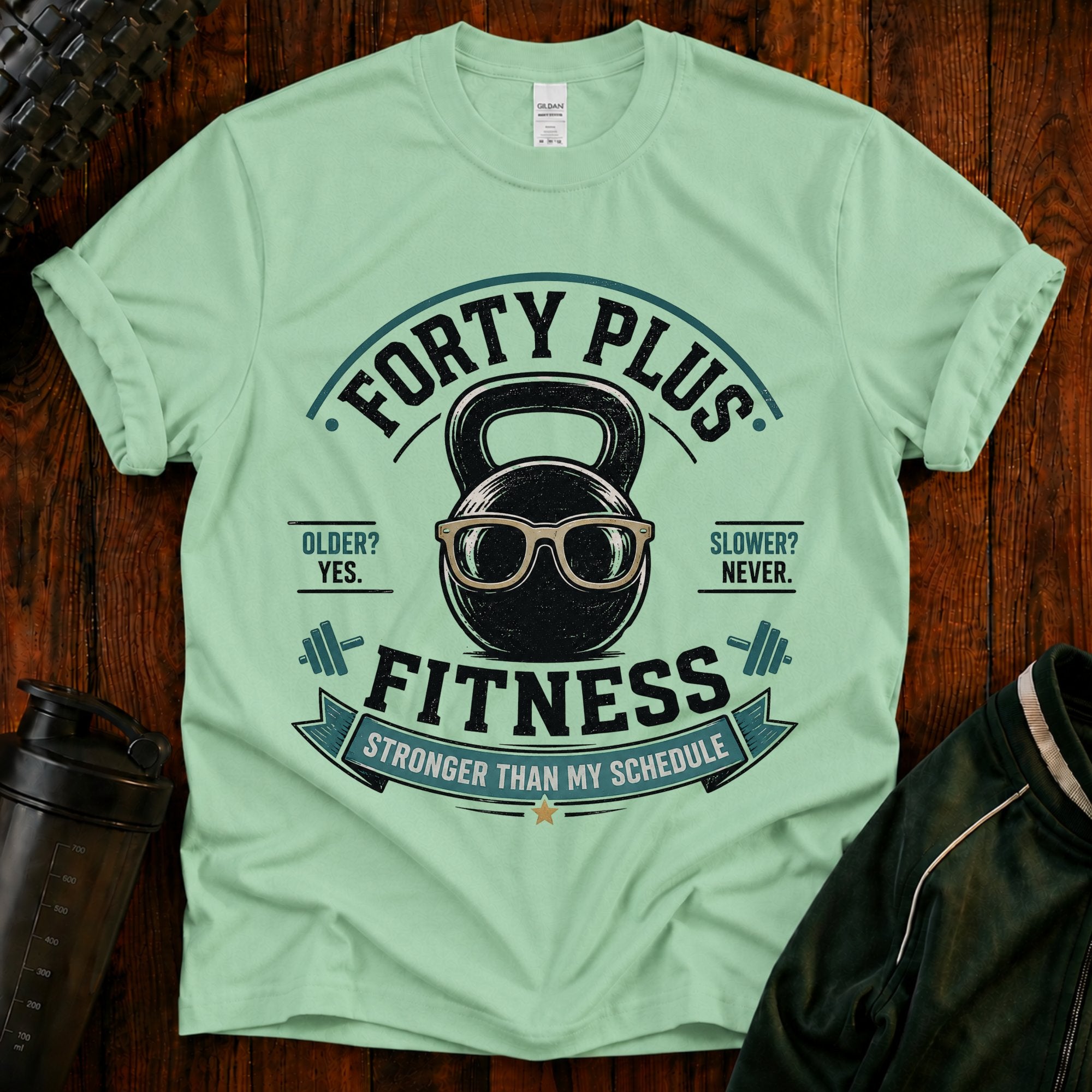 Forty Plus Fitness T-Shirt — Vintage Kettlebell 'Older? Yes. Slower? Never
