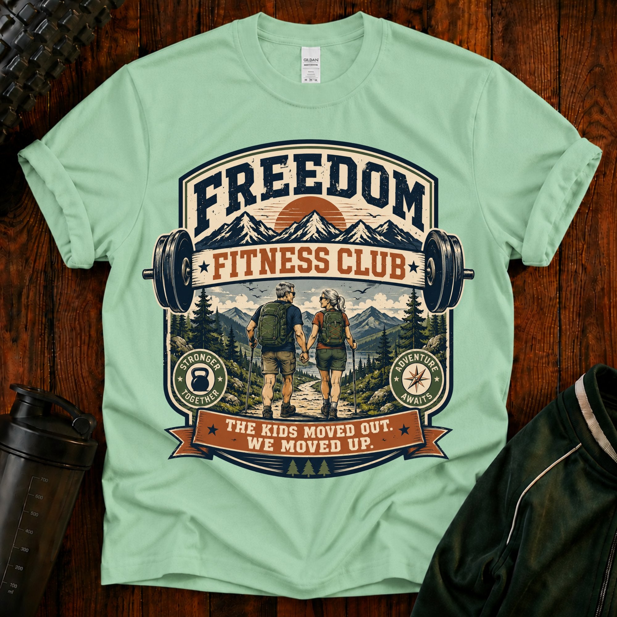 Freedom Fitness Club T-Shirt — Vintage Mountain Barbell Gym Tee