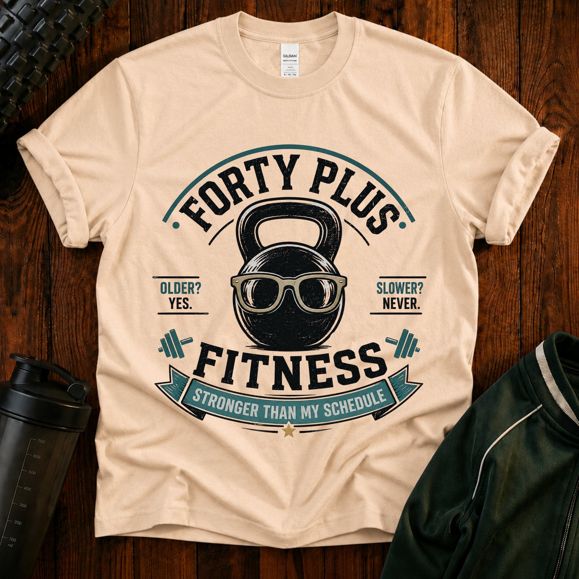 Forty Plus Fitness T-Shirt — Vintage Kettlebell 'Older? Yes. Slower? Never