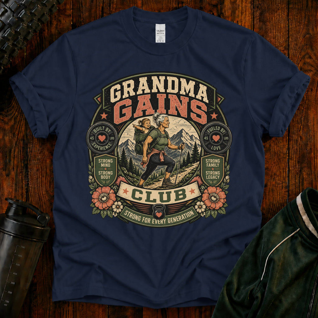 Grandma Gains T-Shirt — Vintage 'Grandma Gains Club' Fitness Tee for Active Grandmothers