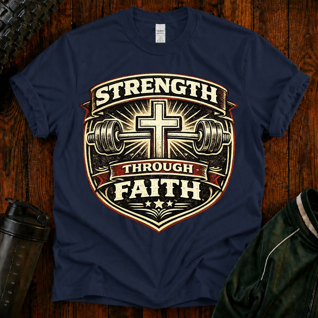 Strength Through Faith T-Shirt — Christian Weightlifting Cross Tee