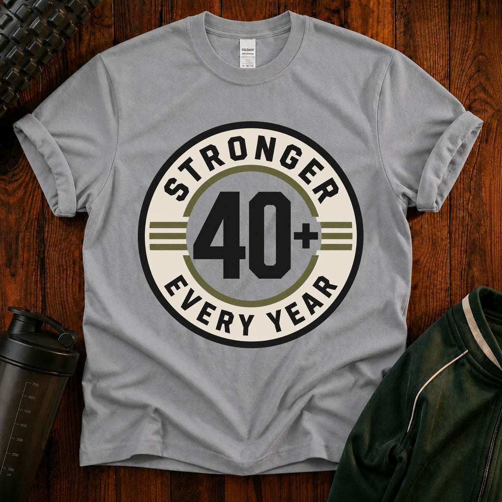 Stronger Every Year After 40 T-Shirt in Sport Grey — Fitness Over 40 Club