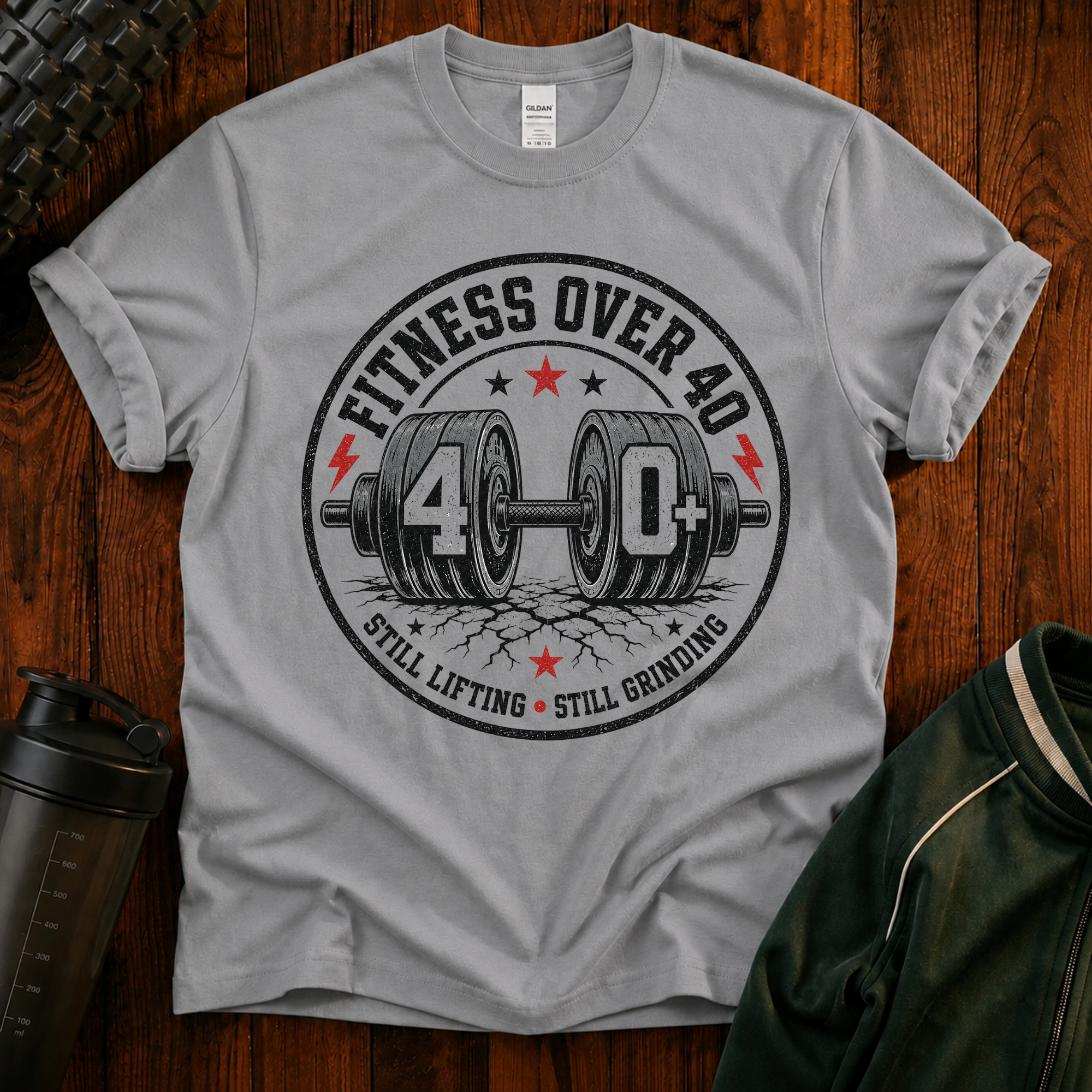 Still Lifting Still Grinding Fitness Over 40 graphic t-shirt for active adults over 40.
