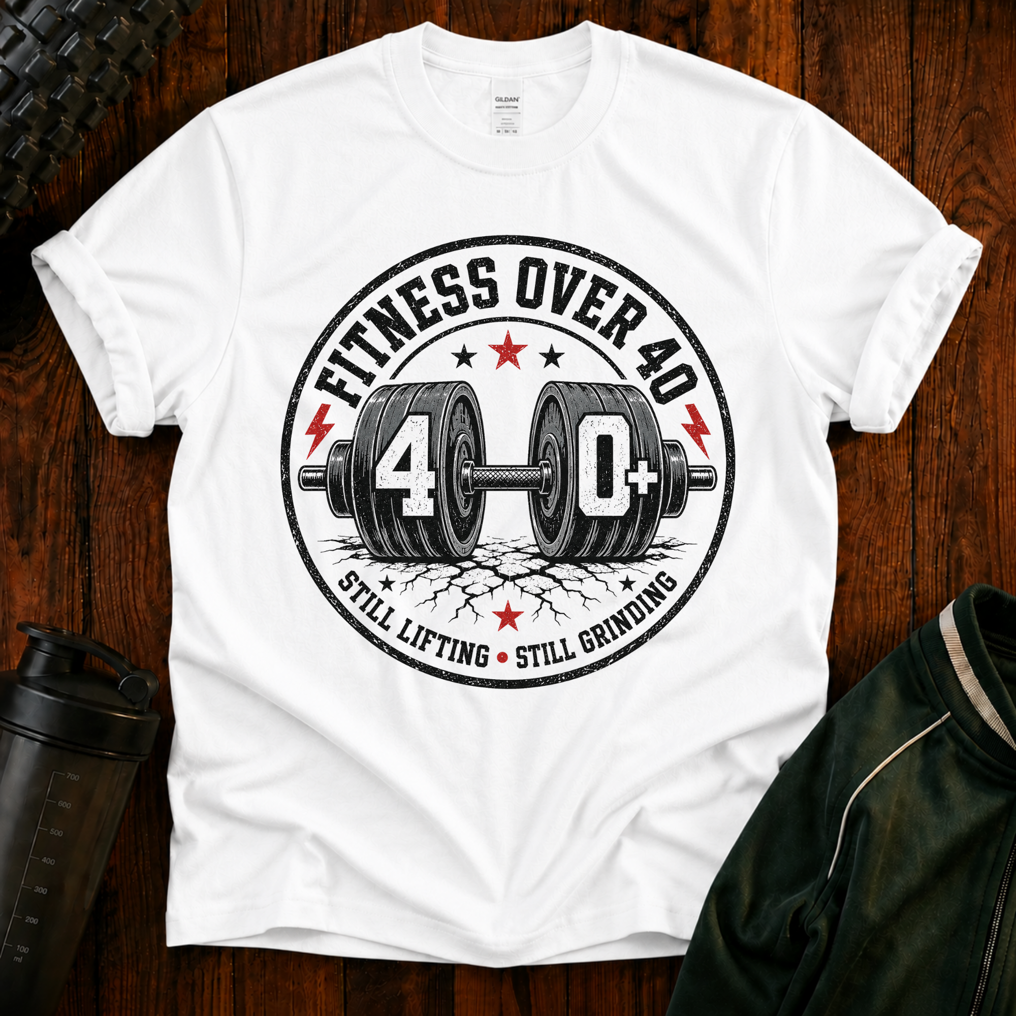 Still Lifting Still Grinding Fitness Over 40 graphic t-shirt for active adults over 40.
