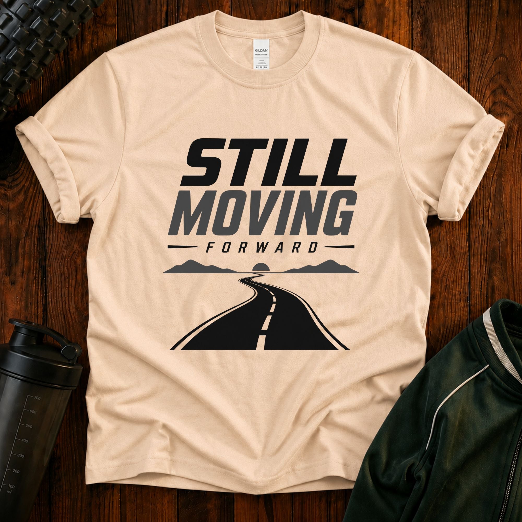 Still Moving Forward motivational Fit After 40 graphic shirt for active adults over 40.