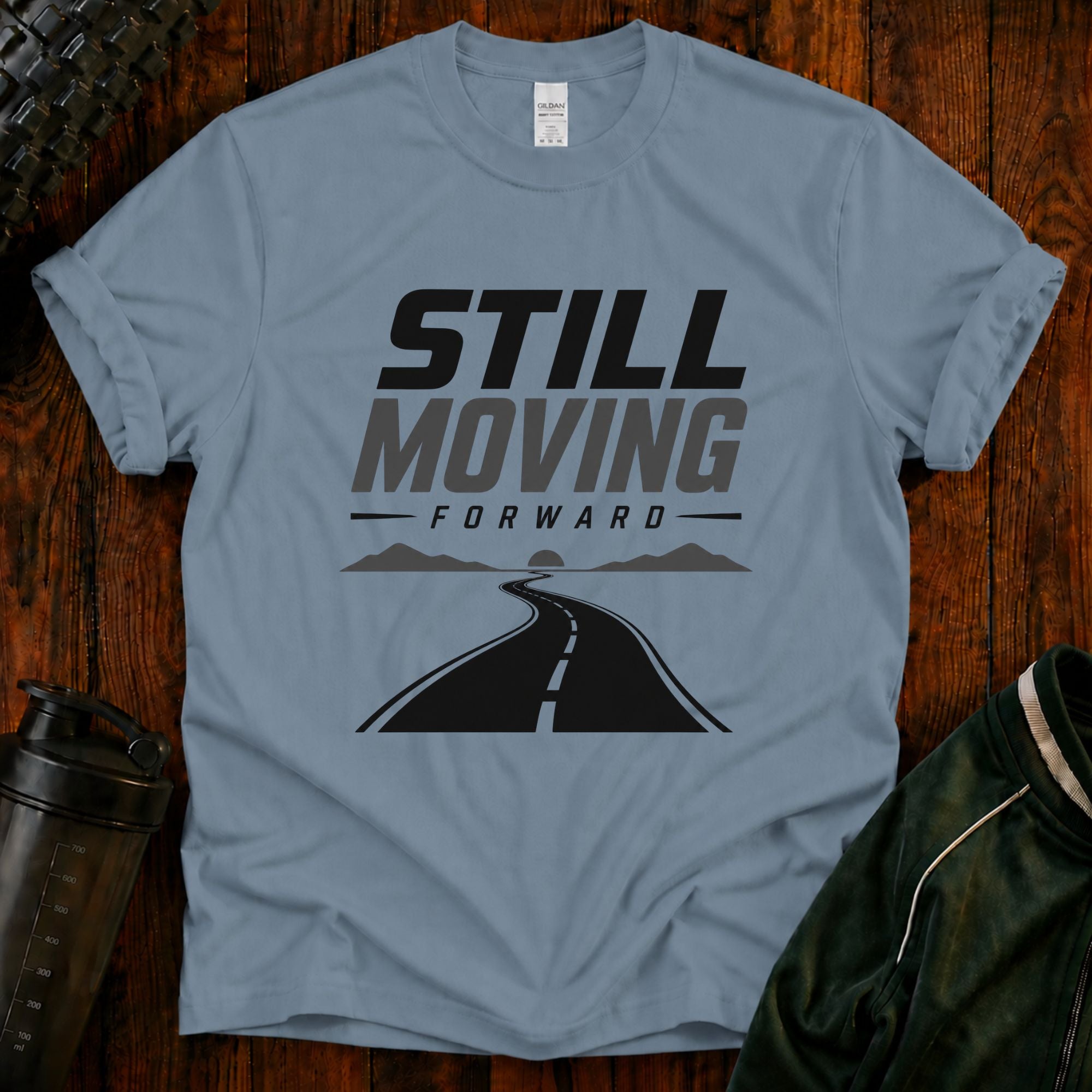 Still Moving Forward motivational Fit After 40 graphic shirt for active adults over 40.