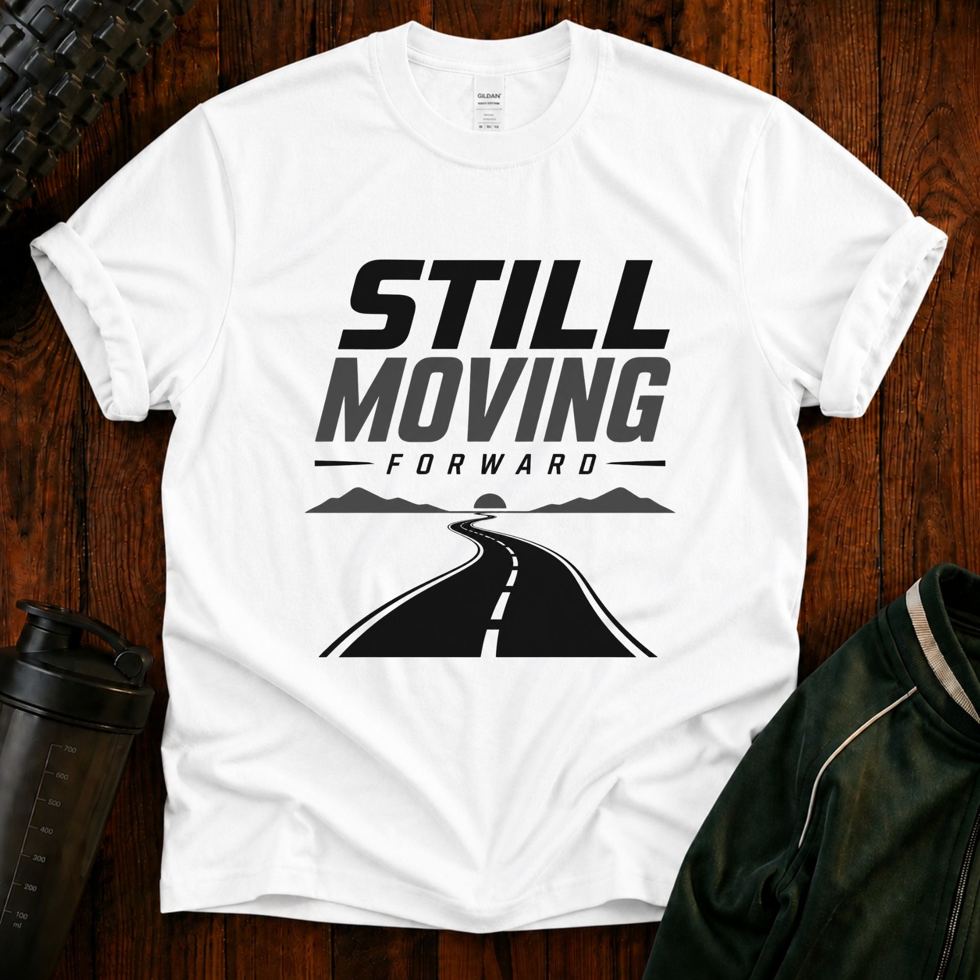 Still Moving Forward motivational Fit After 40 graphic shirt for active adults over 40.