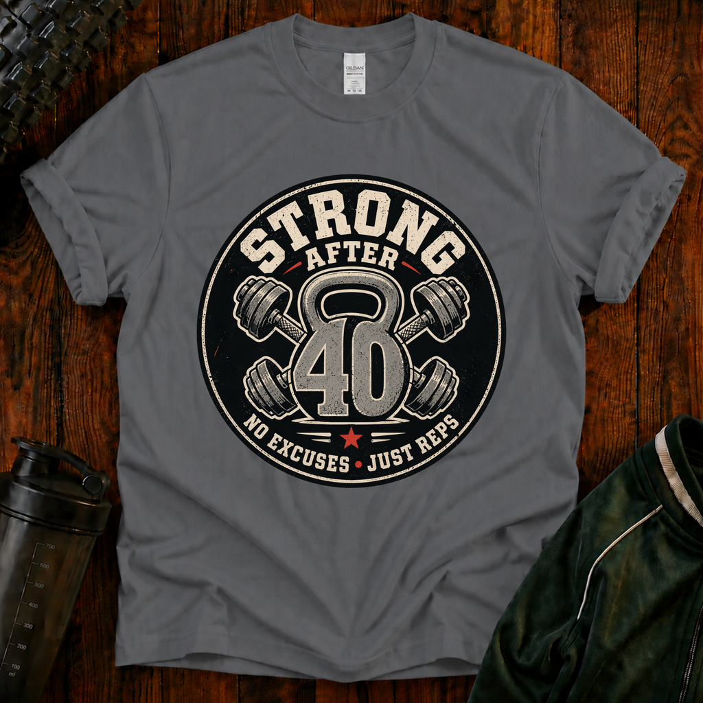 Strong After 40 graphic fitness shirt with kettlebell and dumbbells for active adults over 40.