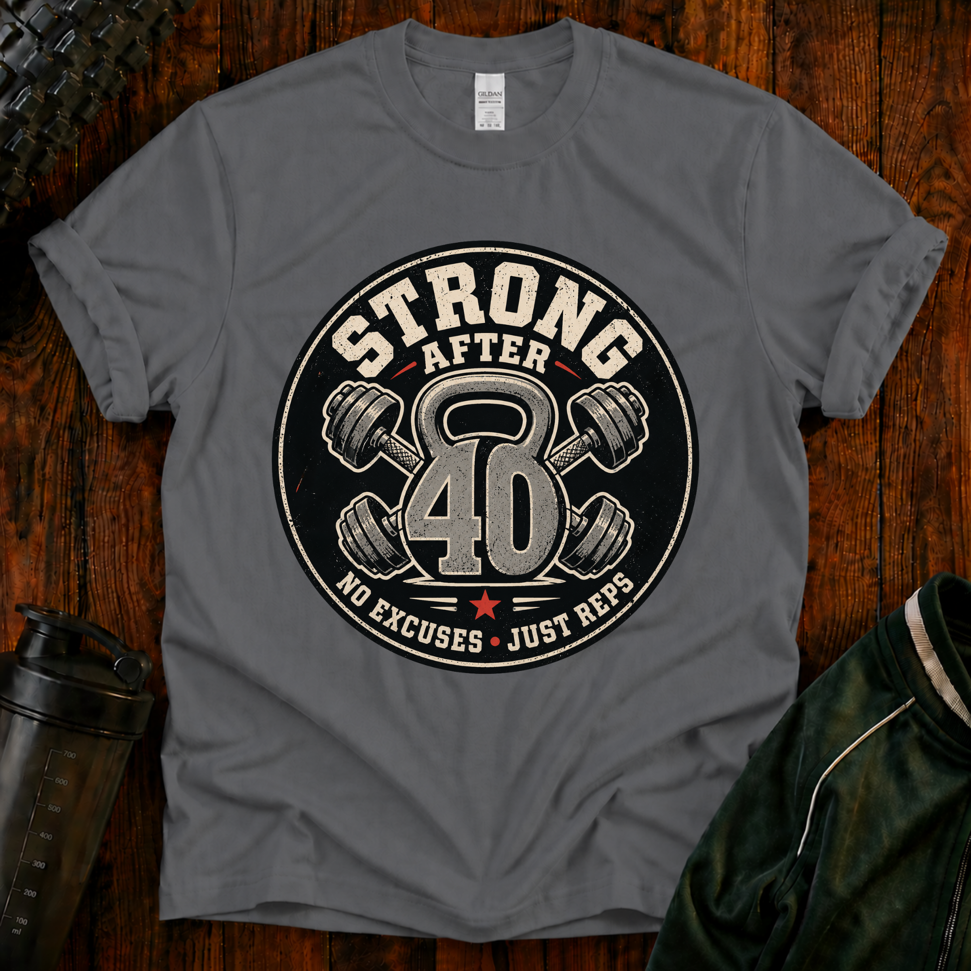 Strong After 40 graphic fitness shirt with kettlebell and dumbbells for active adults over 40.
