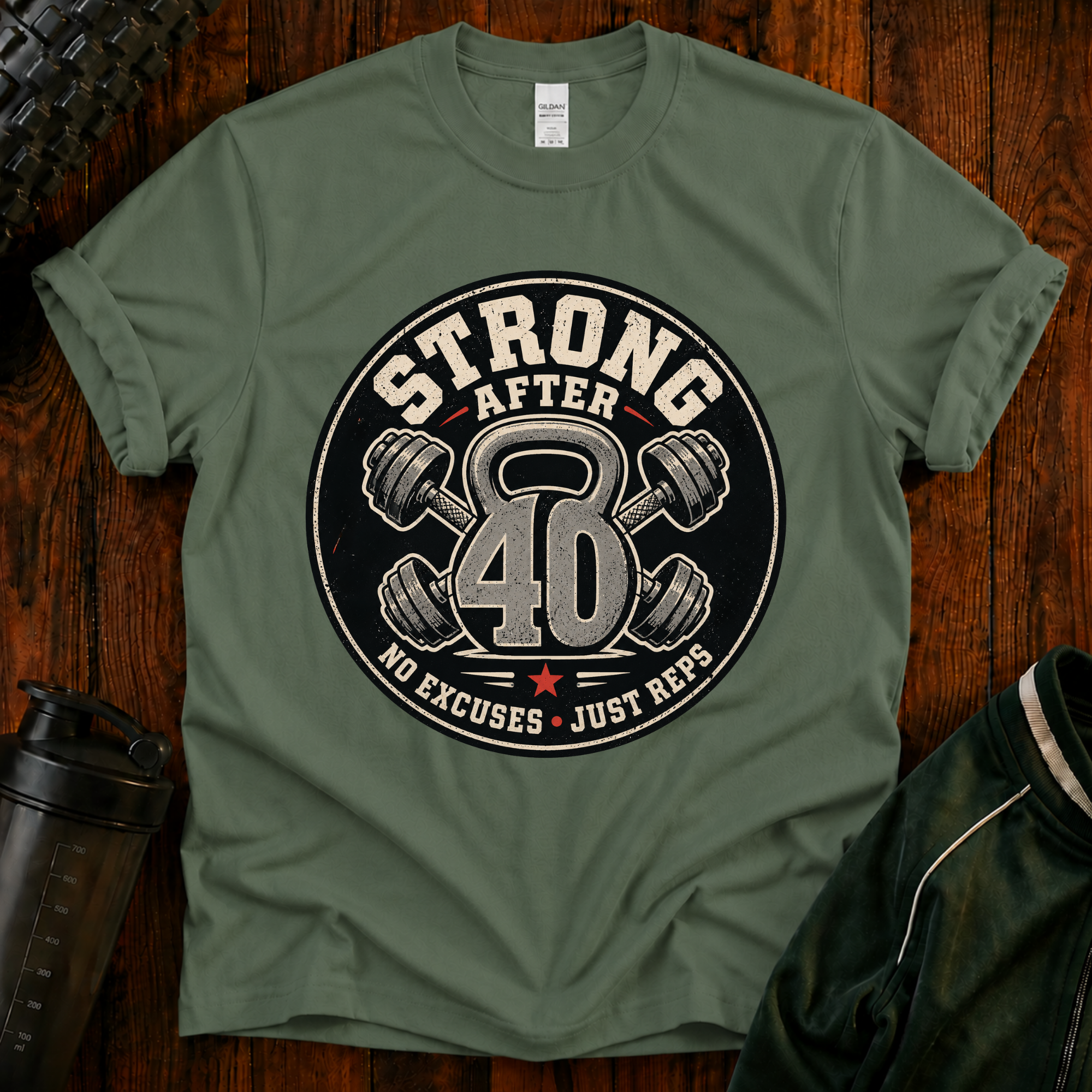 Strong After 40 graphic fitness shirt with kettlebell and dumbbells for active adults over 40.