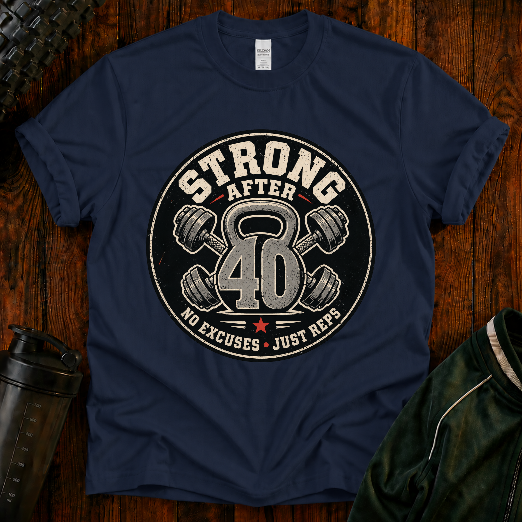 Strong After 40 graphic fitness shirt with kettlebell and dumbbells for active adults over 40.