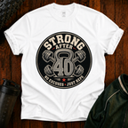 Strong After 40 graphic fitness shirt with kettlebell and dumbbells for active adults over 40.