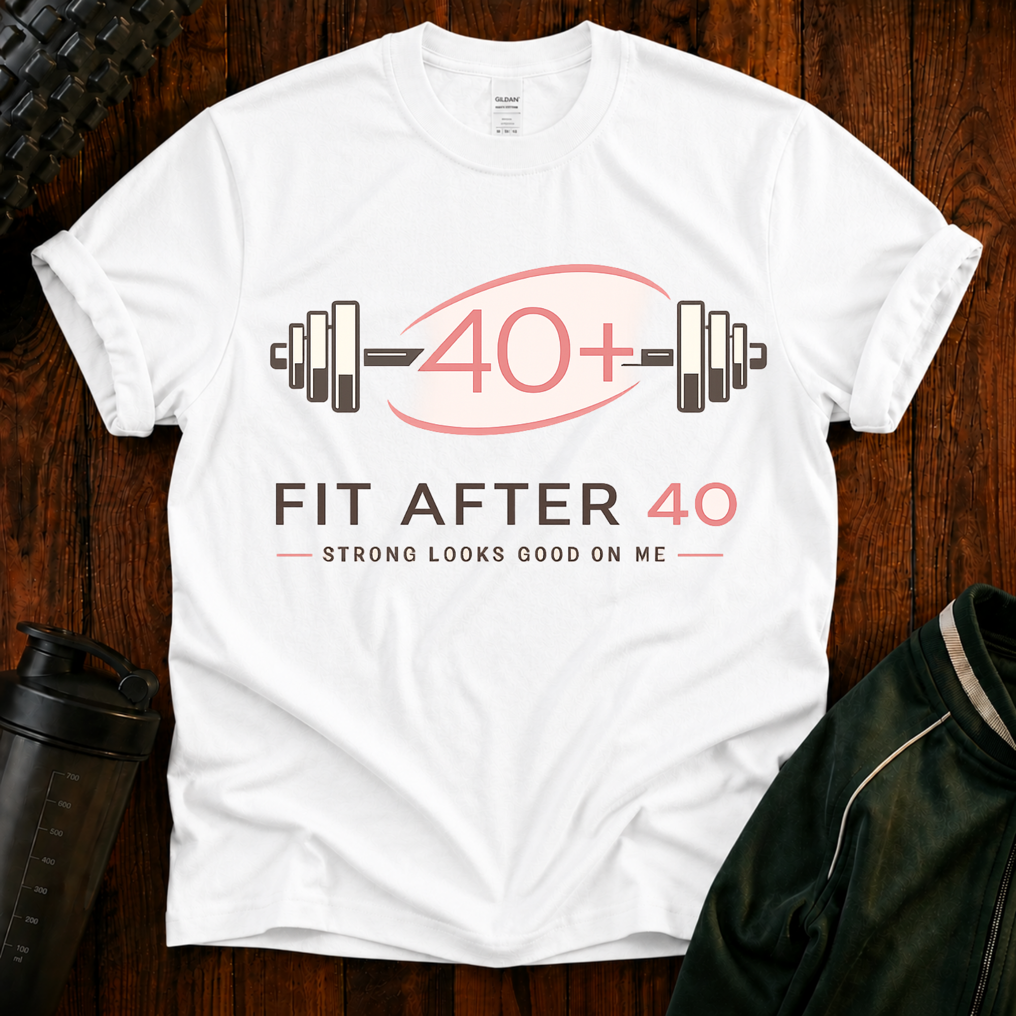 Strong Looks Good on Me Fit After 40 graphic fitness shirt for active adults over 40.