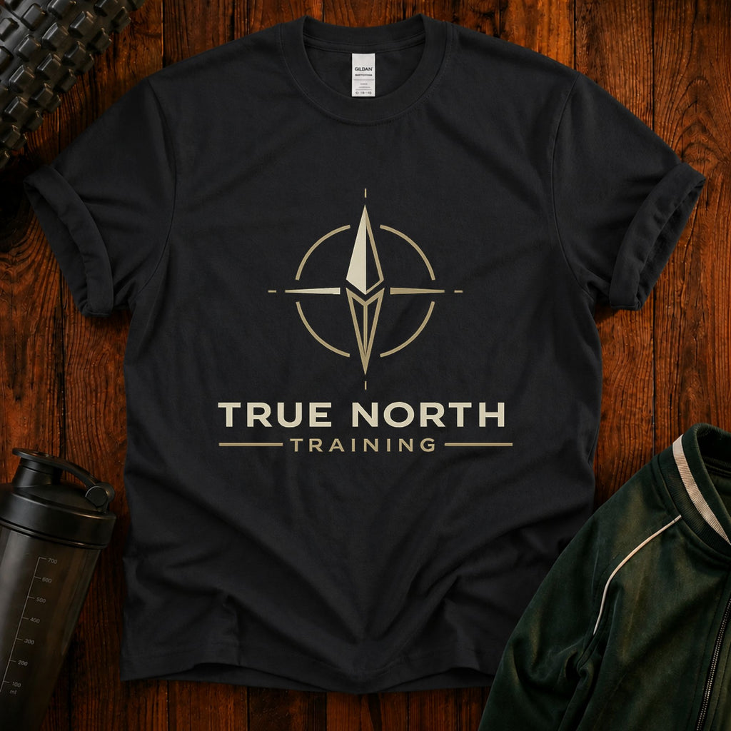 True North Training compass graphic fitness shirt for active adults over 40.