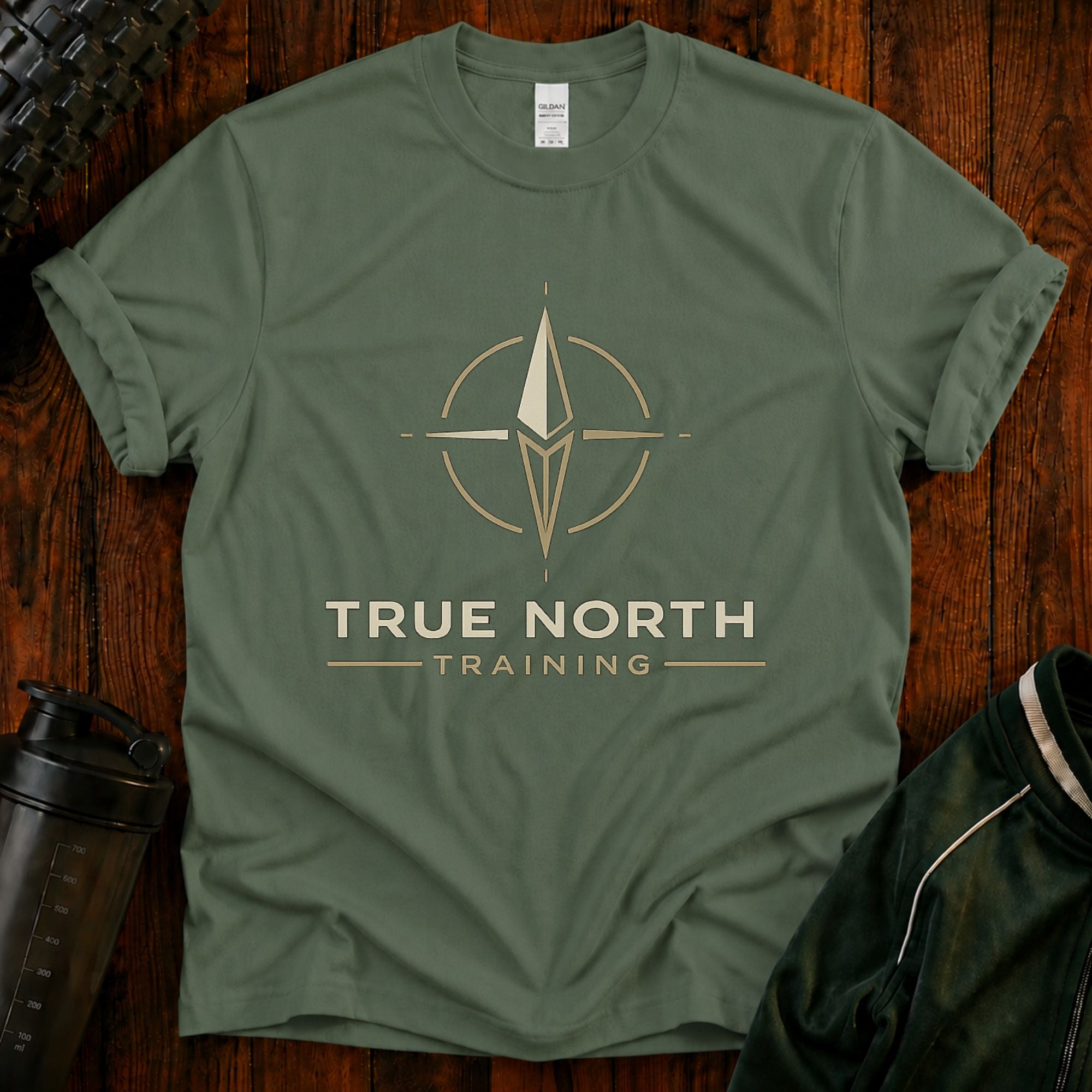 True North Training compass graphic fitness shirt for active adults over 40.
