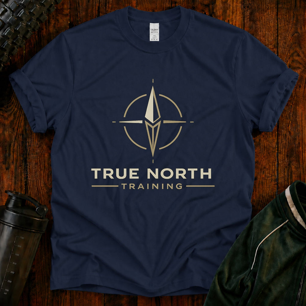 True North Training compass graphic fitness shirt for active adults over 40.