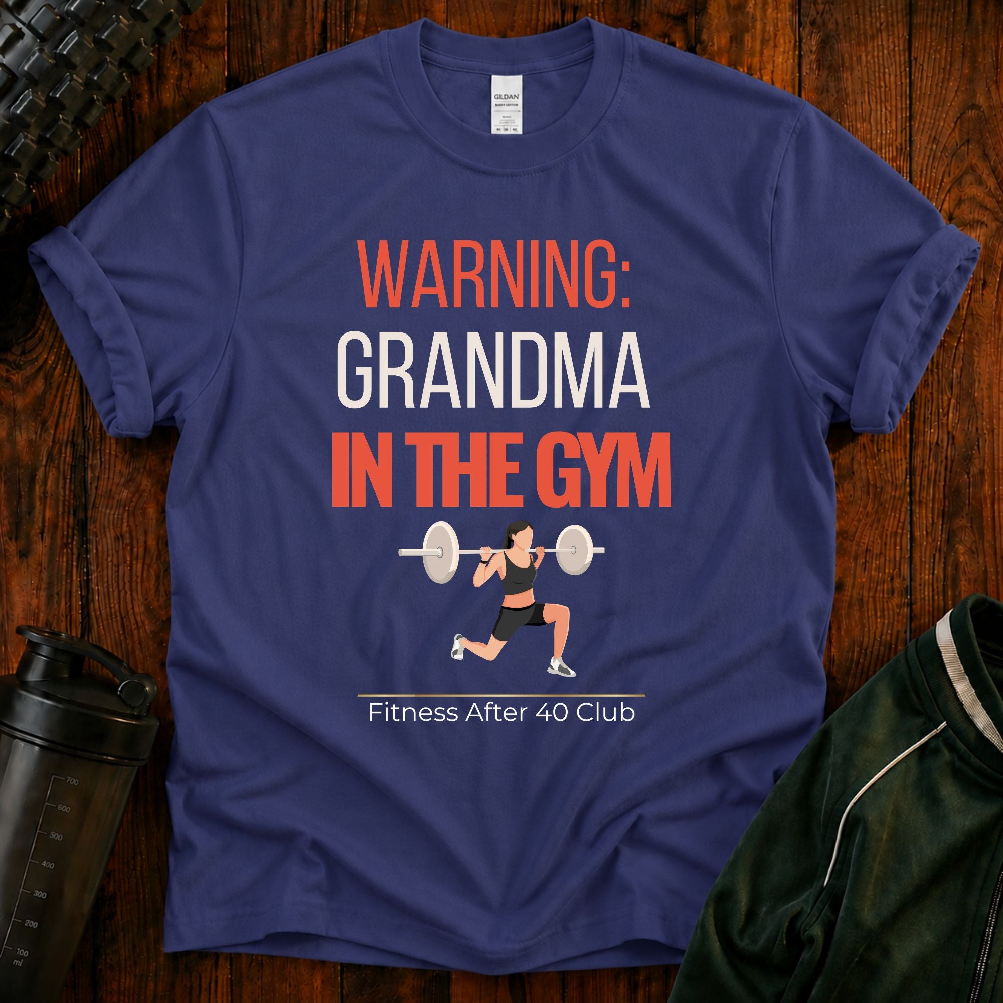 Warning Grandma in the Gym funny fitness shirt for active grandmothers who love working out.