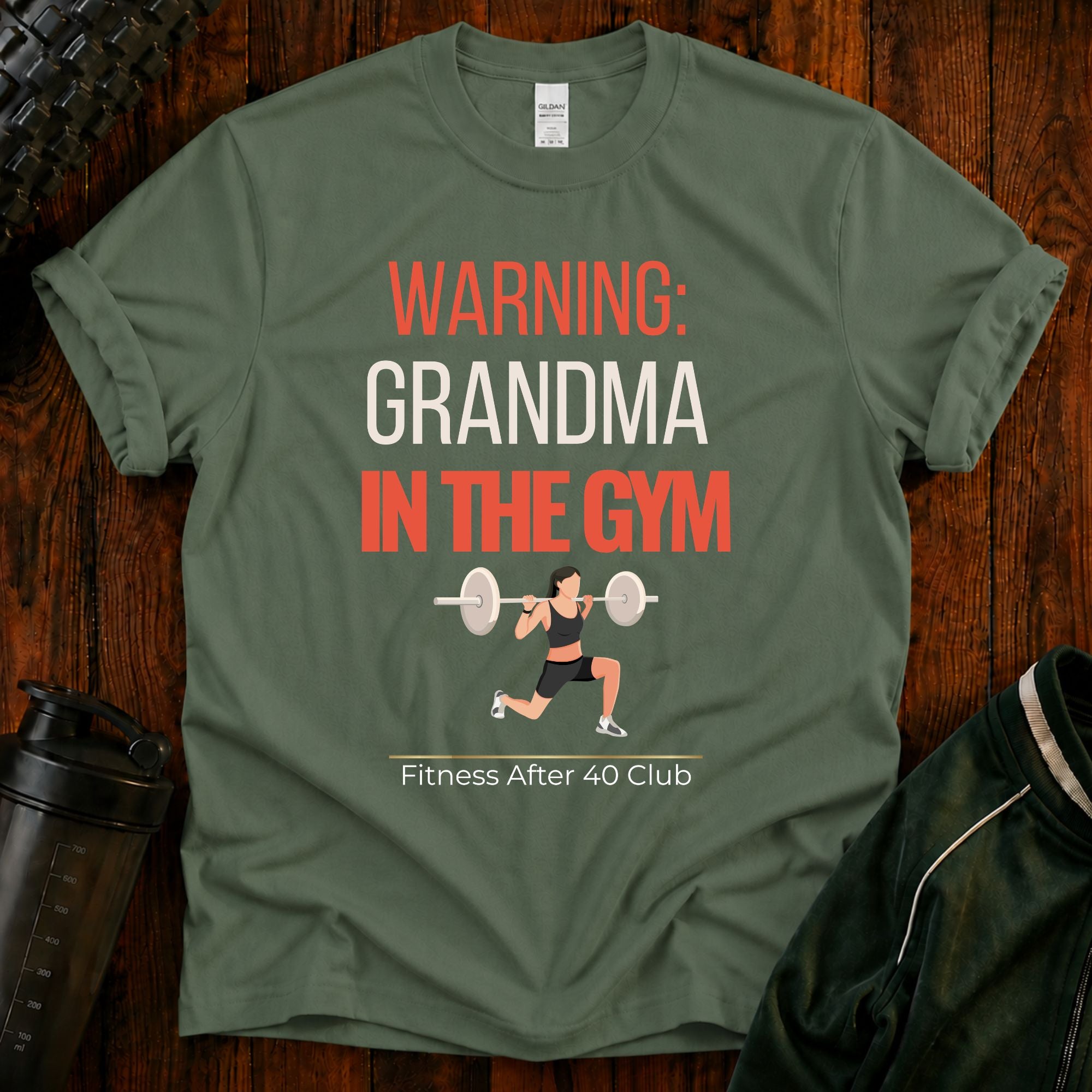 Warning Grandma in the Gym funny fitness shirt for active grandmothers who love working out.