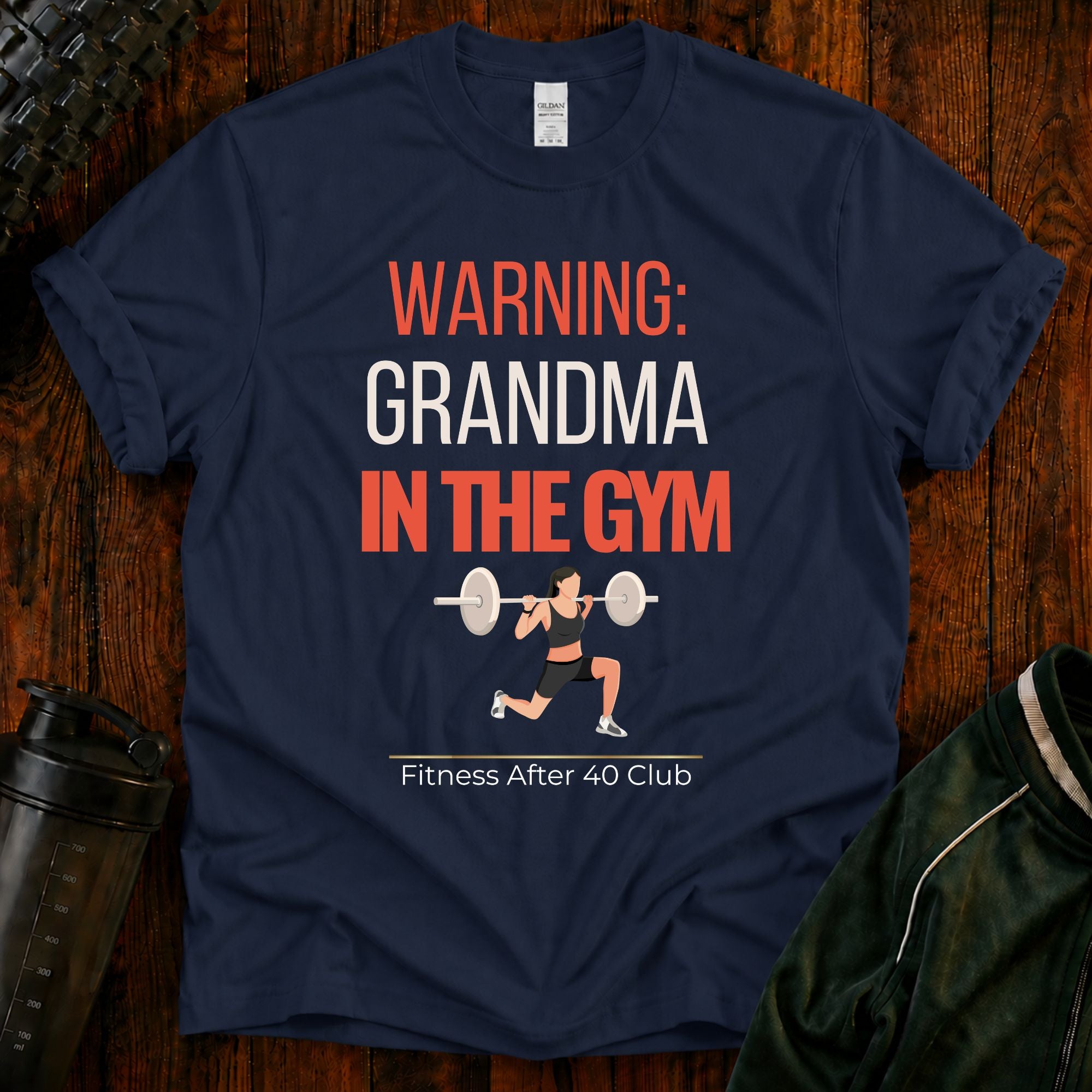 Warning Grandma in the Gym funny fitness shirt for active grandmothers who love working out.