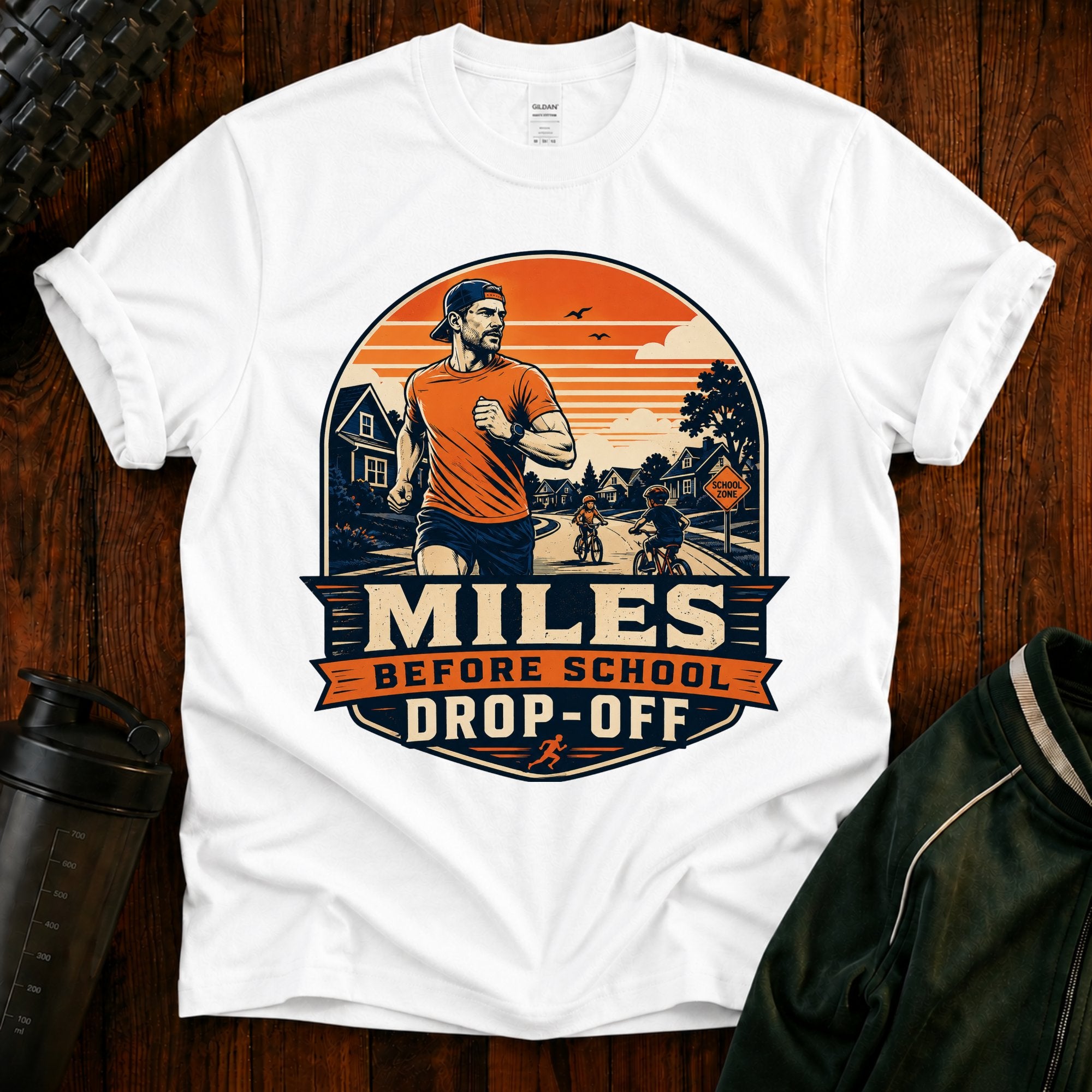 Running T‑Shirt For Mom and Dad — "Miles Before School Drop‑Off"