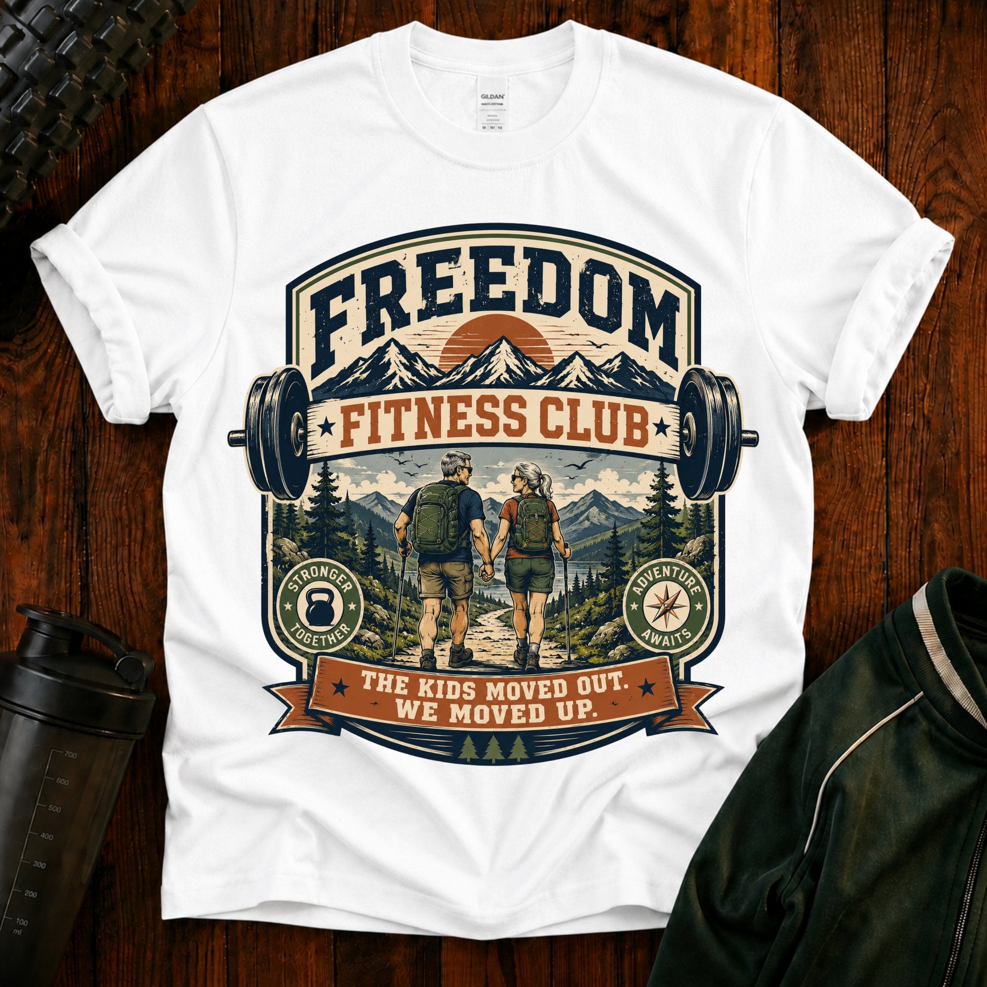 Freedom Fitness Club T-Shirt — Vintage Mountain Barbell Gym Tee