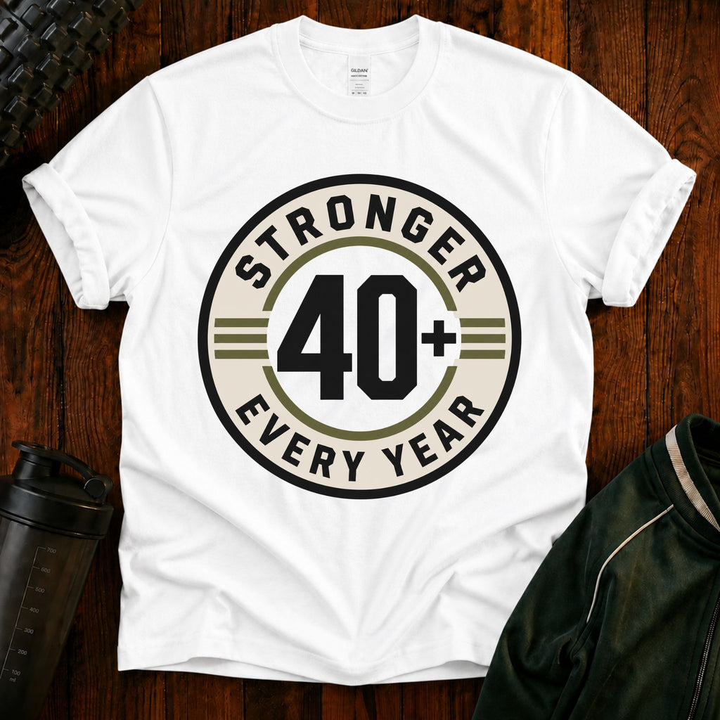 Men's Over 40 Fitness T-Shirt in White — Stronger Every Year Gym Tee