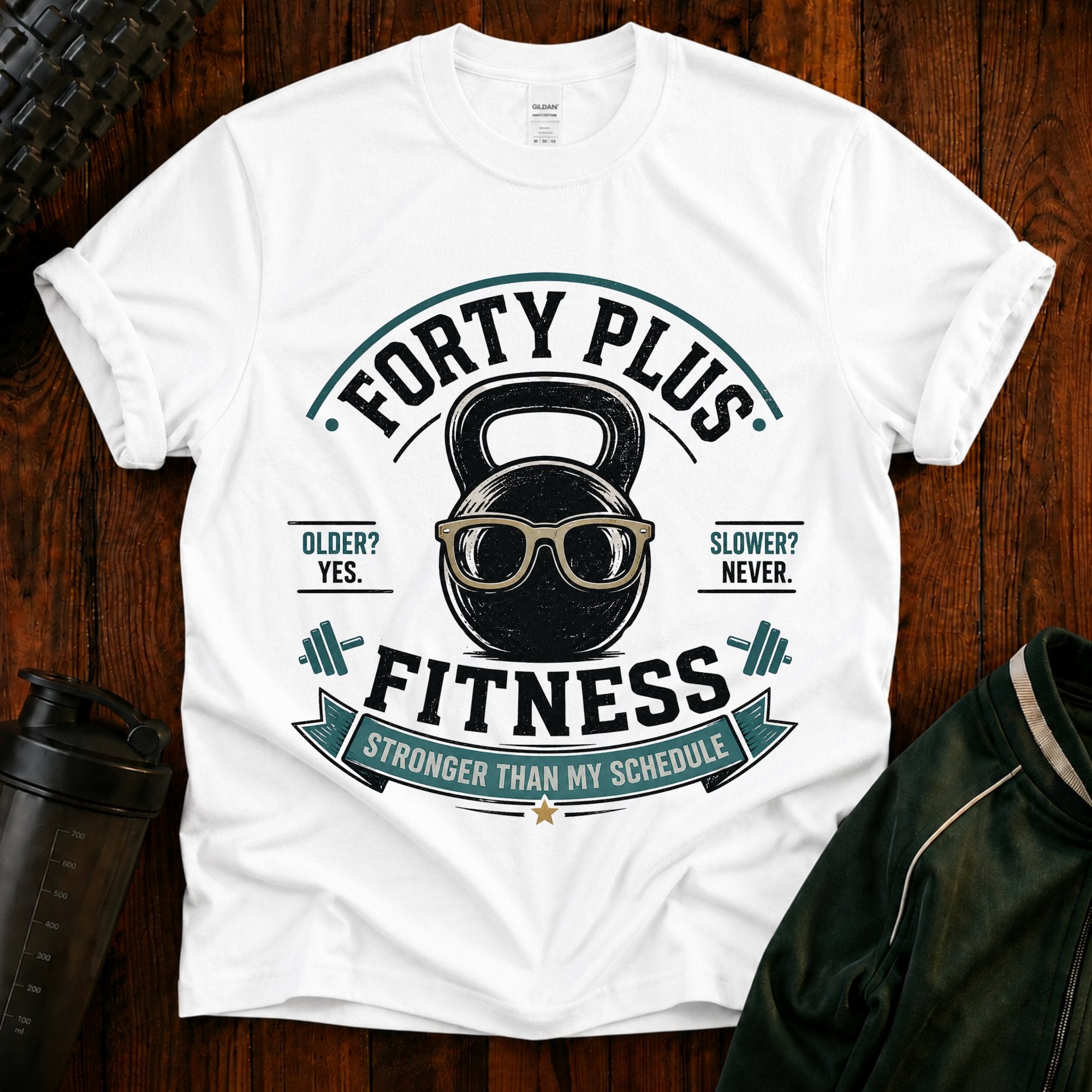 Forty Plus Fitness T-Shirt — Vintage Kettlebell 'Older? Yes. Slower? Never